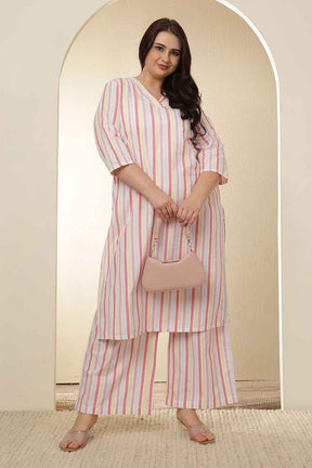 Plus Size White Pink Stripe Cotton Kurta Coord Set