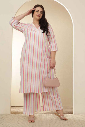 Plus Size White Pink Stripe Cotton Kurta Coord Set