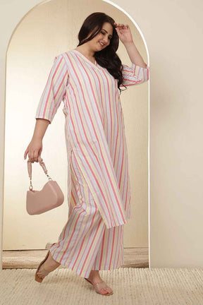 Plus Size White Pink Stripe Cotton Kurta Coord Set