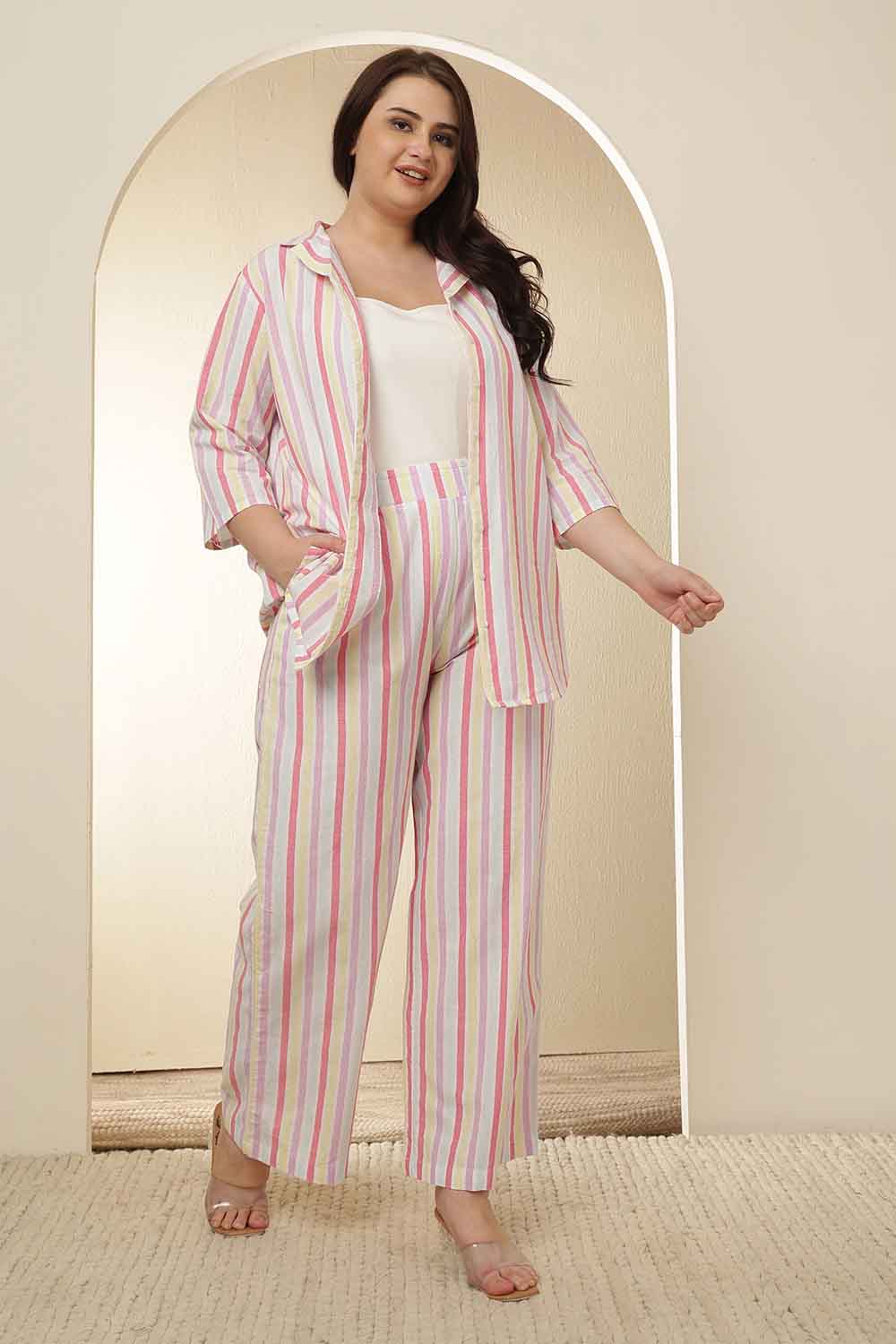 Plus Size Plus Size White Pink Stripe Cotton Shirt Coord Set