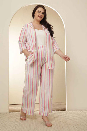 Plus Size White Pink Stripe Cotton Shirt Coord Set
