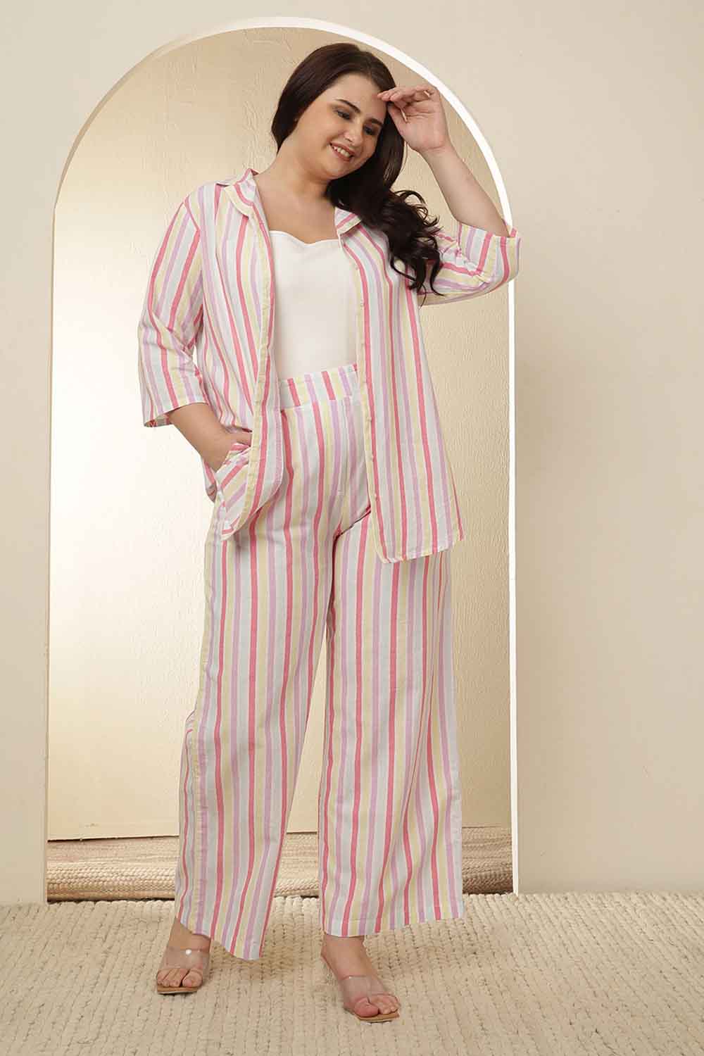 Plus Size White Pink Stripe Cotton Shirt Coord Set