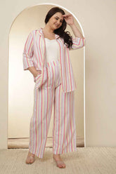 Plus Size White Pink Stripe Cotton Shirt Coord Set