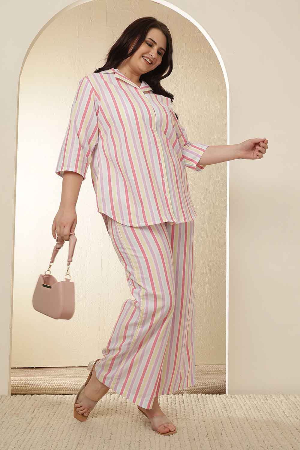 Plus Size White Pink Stripe Cotton Shirt Coord Set for Women