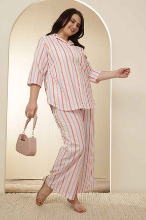Plus Size White Pink Stripe Cotton Shirt Coord Set