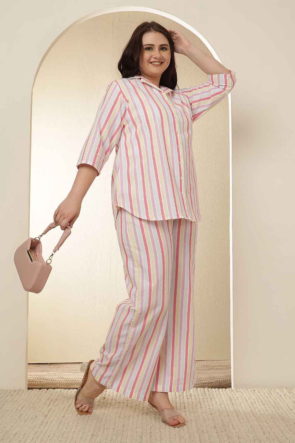 Comfortable Plus Size White Pink Stripe Cotton Shirt Coord Set
