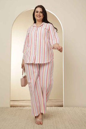 Plus Size White Pink Stripe Cotton Shirt Coord Set
