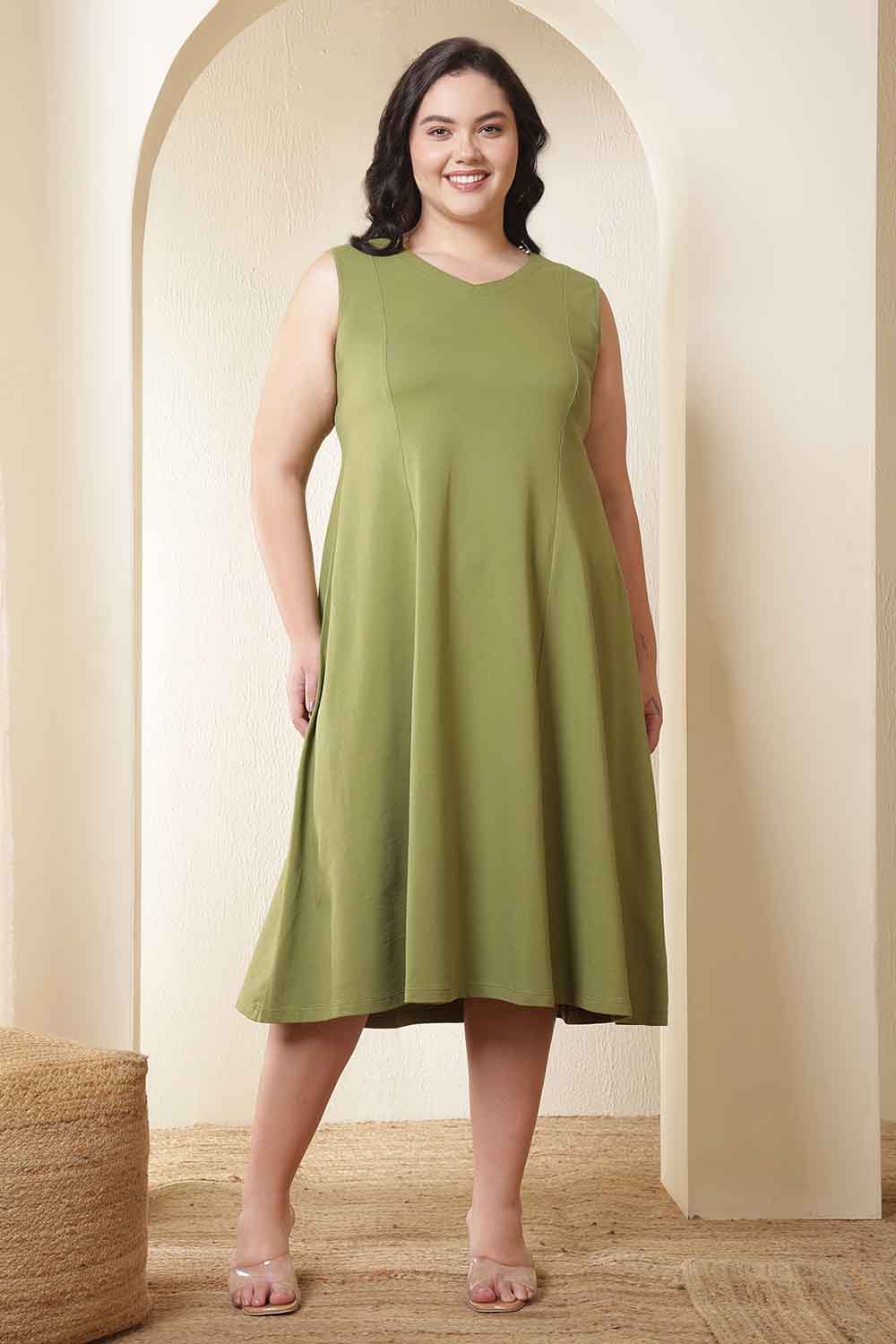 Plus Size Moss Green A-Line Cotton Sleeveless Dress