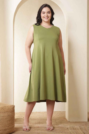 Plus Size Moss Green A-Line Cotton Sleeveless Dress