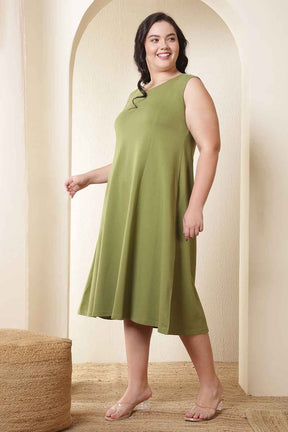 Plus Size Moss Green A-Line Cotton Sleeveless Dress