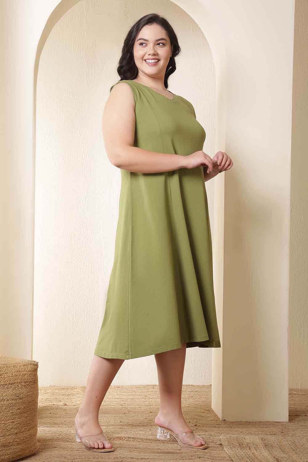 Comfortable Plus Size Moss Green A-Line Cotton Sleeveless Dress