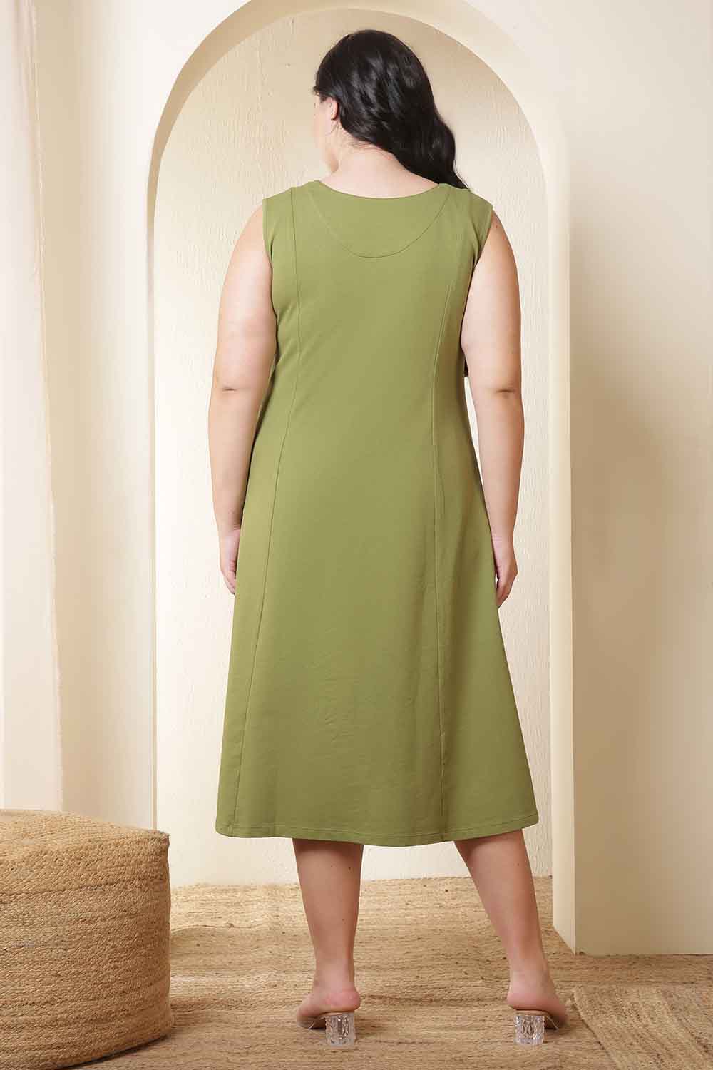 Plus Size Moss Green A-Line Cotton Sleeveless Dress