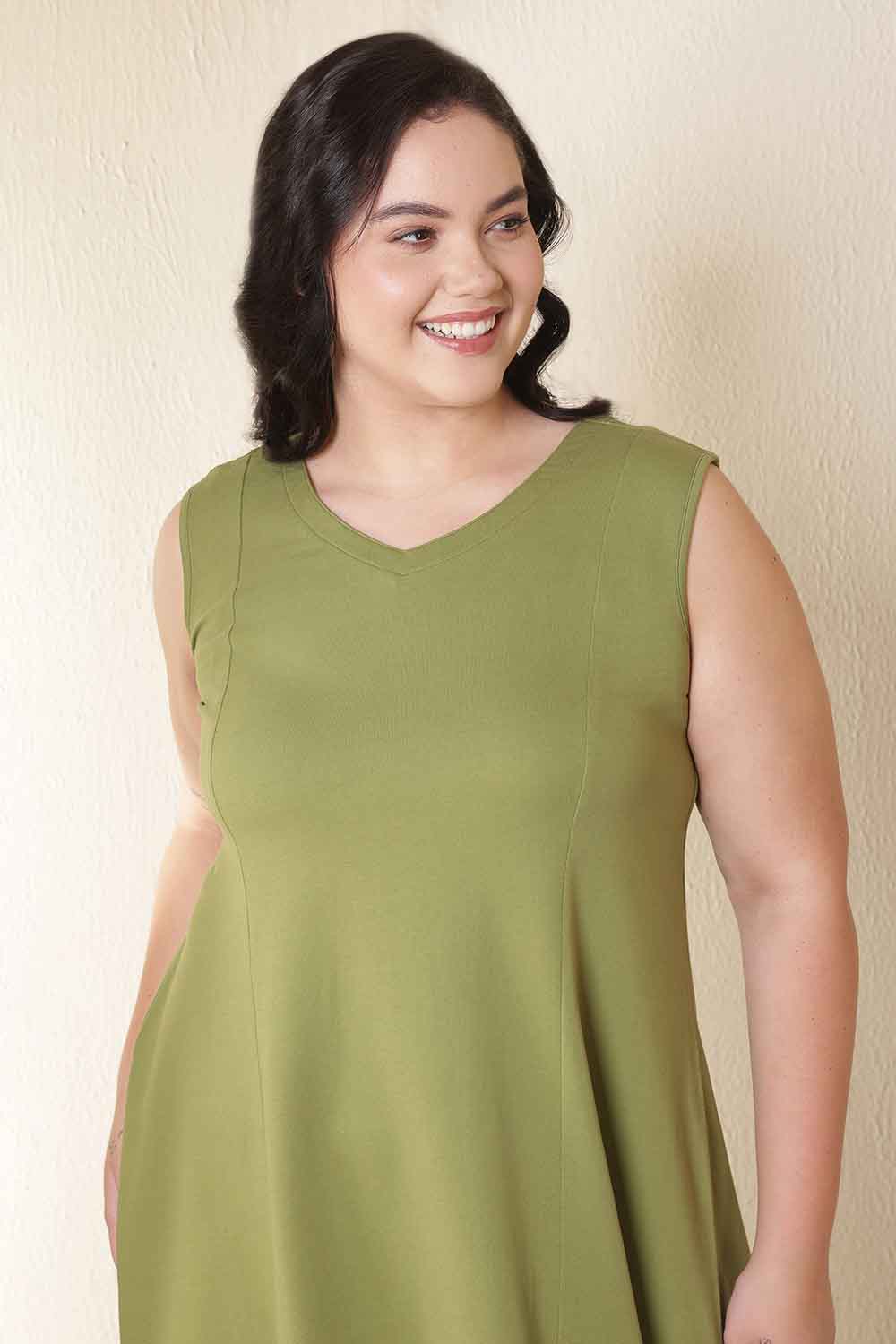 Plus Size Plus Size Moss Green A-Line Cotton Sleeveless Dress