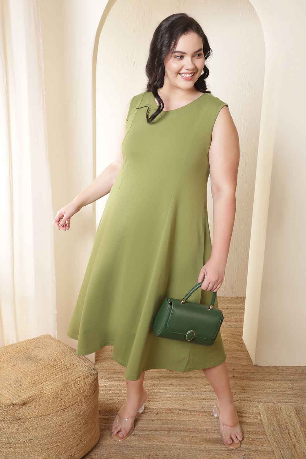 Plus Size Moss Green A-Line Cotton Sleeveless Dress