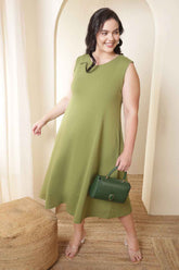Plus Size Moss Green A-Line Cotton Sleeveless Dress
