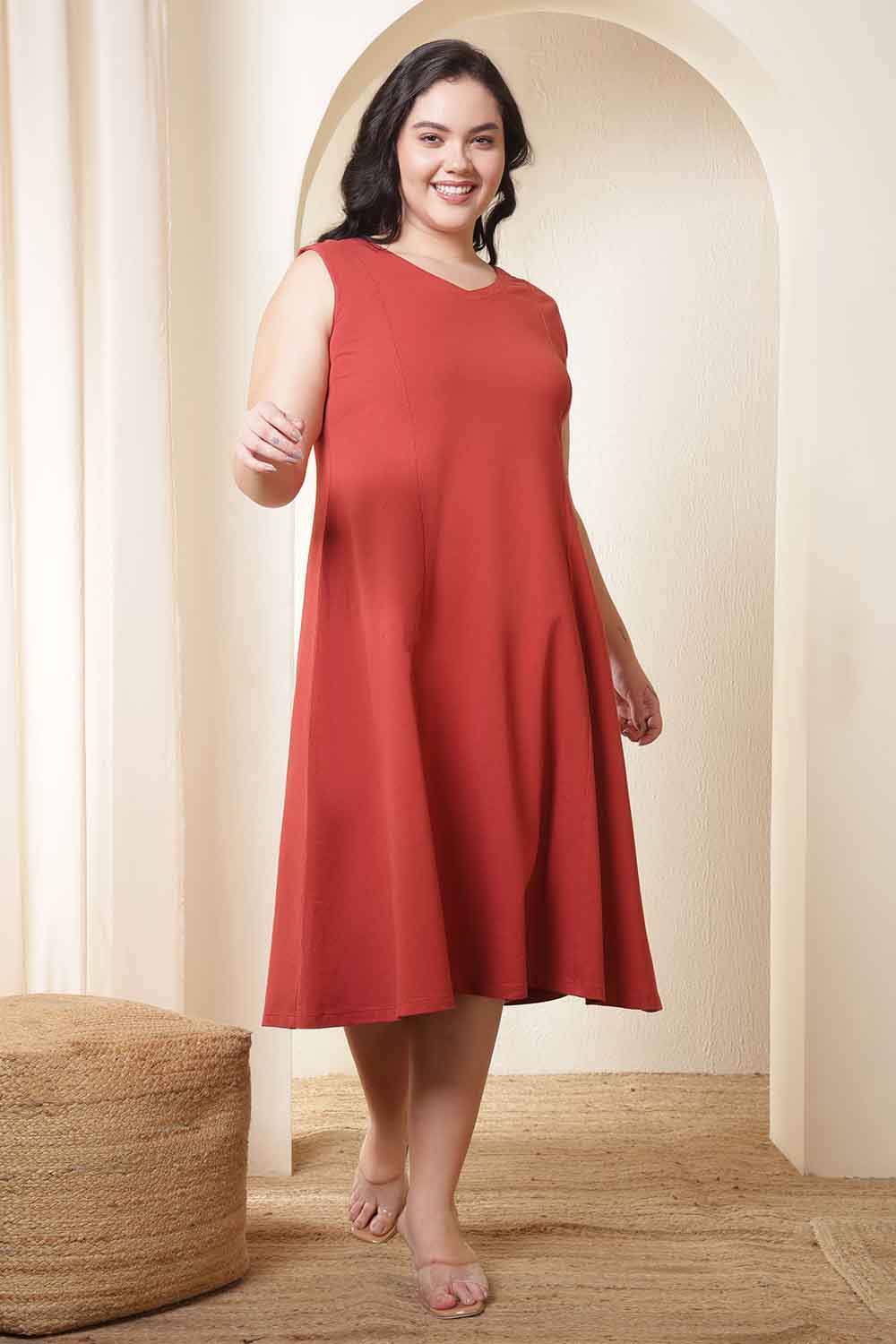 Plus Size Plus Size Rust Red A-Line Cotton Sleeveless Dress