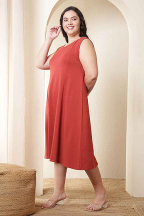 Plus Size Rust Red A-Line Cotton Sleeveless Dress