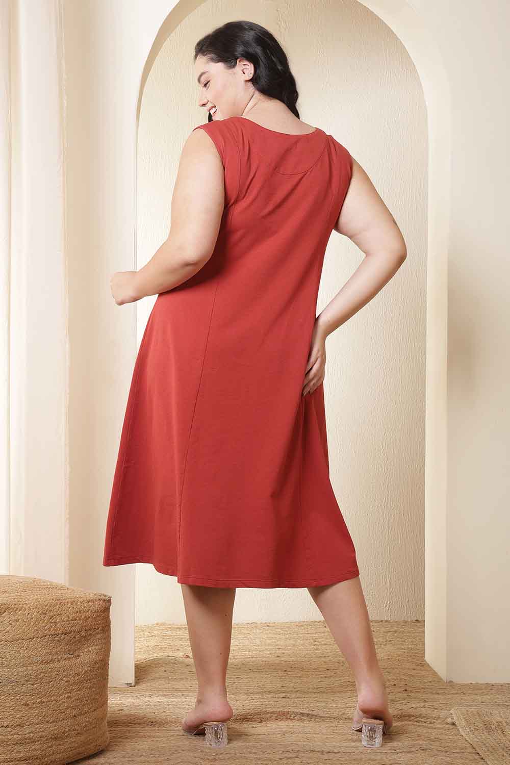 Plus Size Rust Red A-Line Cotton Sleeveless Dress