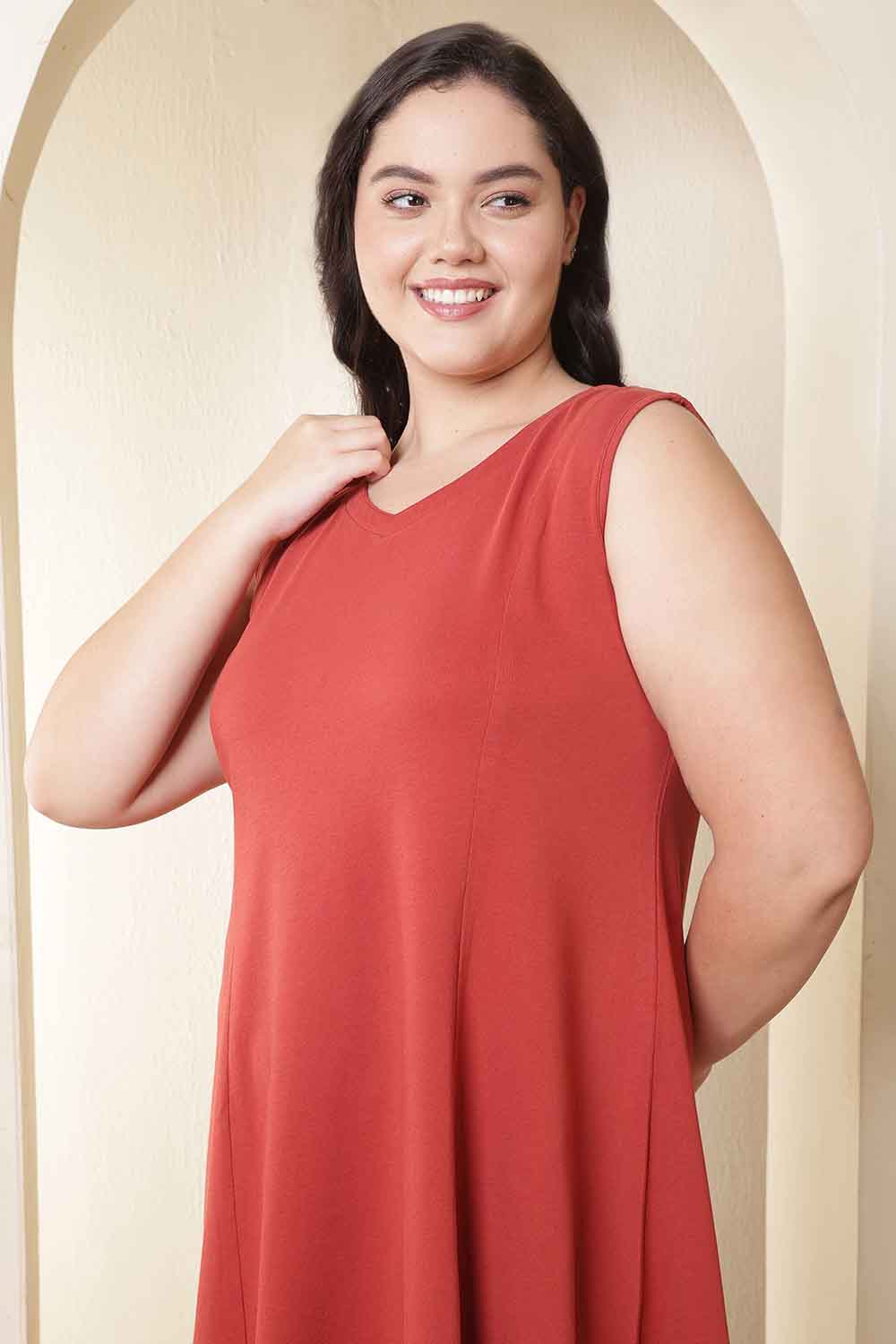 Comfortable Plus Size Rust Red A-Line Cotton Sleeveless Dress
