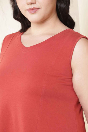 Plus Size Rust Red A-Line Cotton Sleeveless Dress