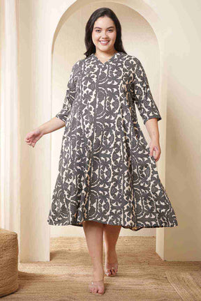 Plus Size Black & Beige Abstract Print Cotton Midi Dress
