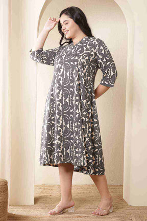 Plus Size Black & Beige Abstract Print Cotton Midi Dress