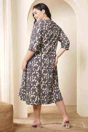 Plus Size Black & Beige Abstract Print Cotton Midi Dress