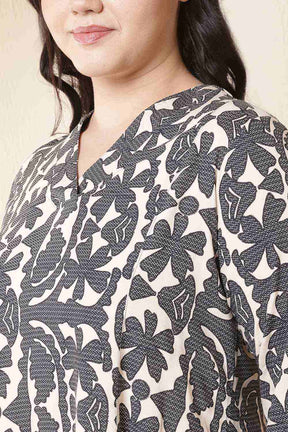 Plus Size Black & Beige Abstract Print Cotton Midi Dress