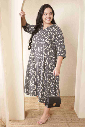 Plus Size Black & Beige Abstract Print Cotton Midi Dress