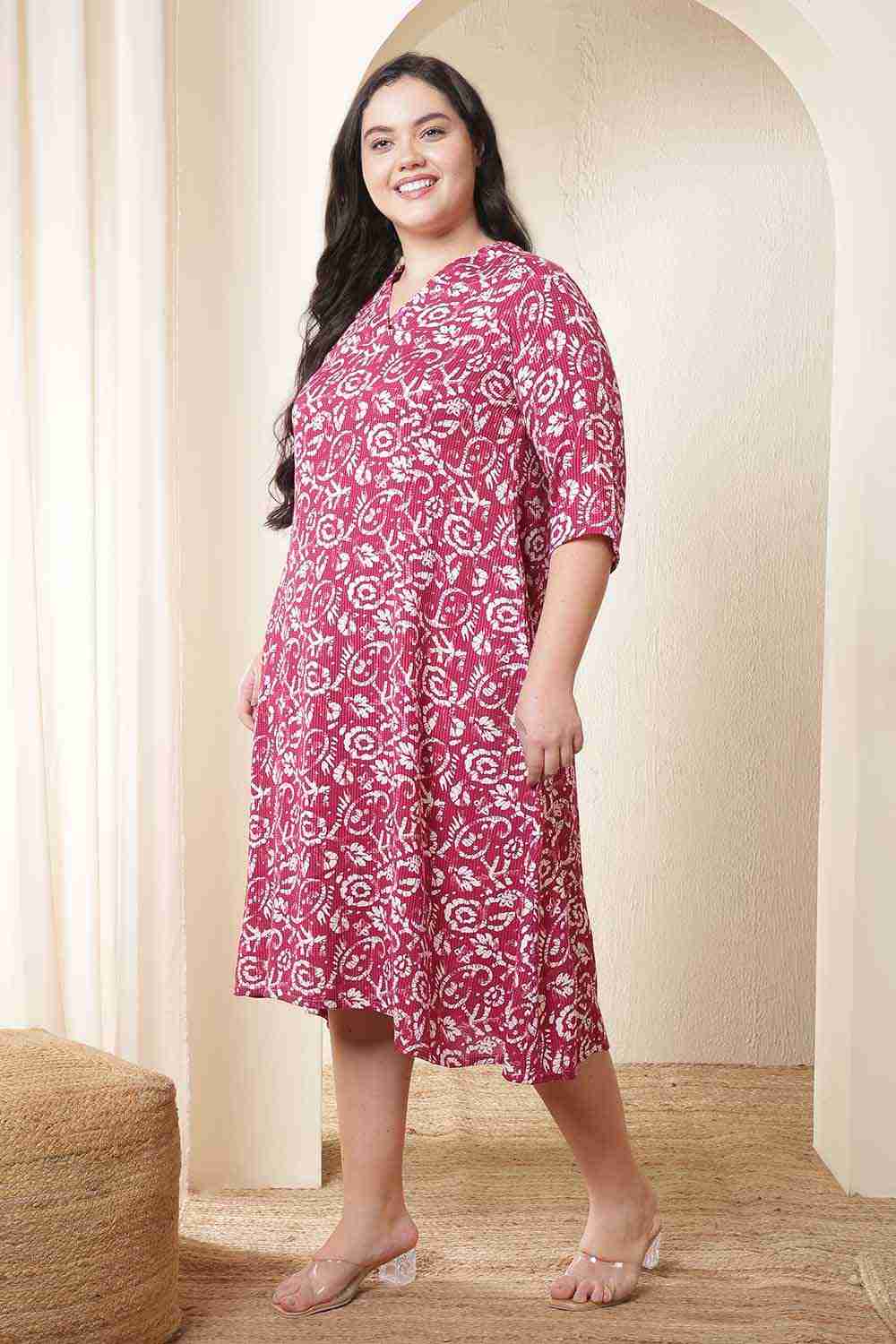 Plus Size Plus Size Pink Batik Print Cotton Midi Dress