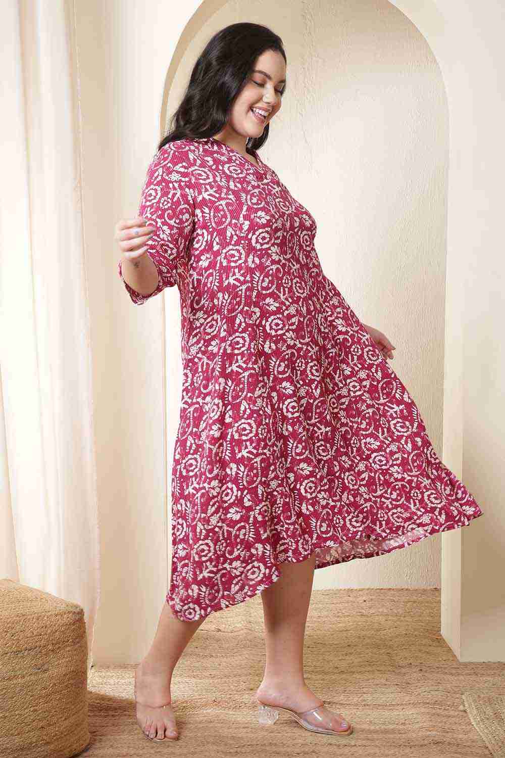 Plus Size Pink Batik Print Cotton Midi Dress for Women