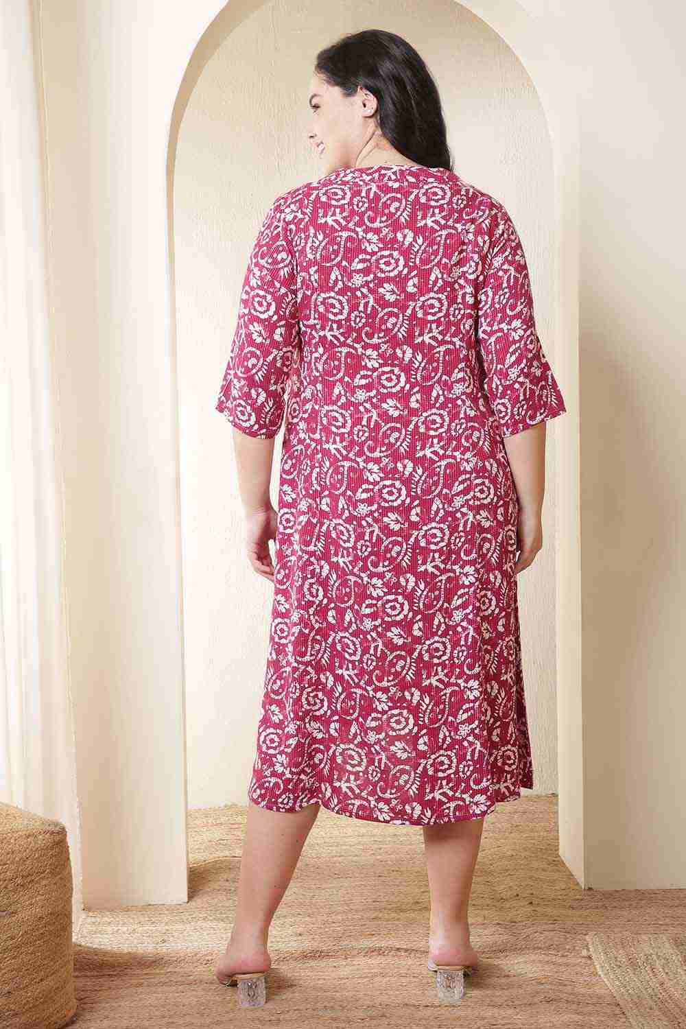 Plus Size Pink Batik Print Cotton Midi Dress