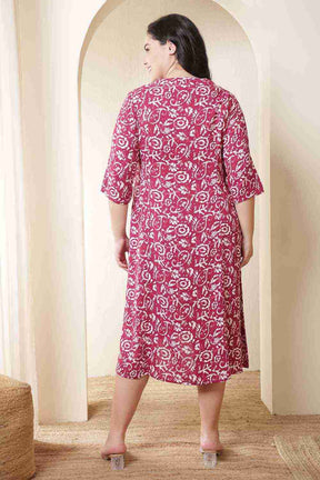 Plus Size Pink Batik Print Cotton Midi Dress