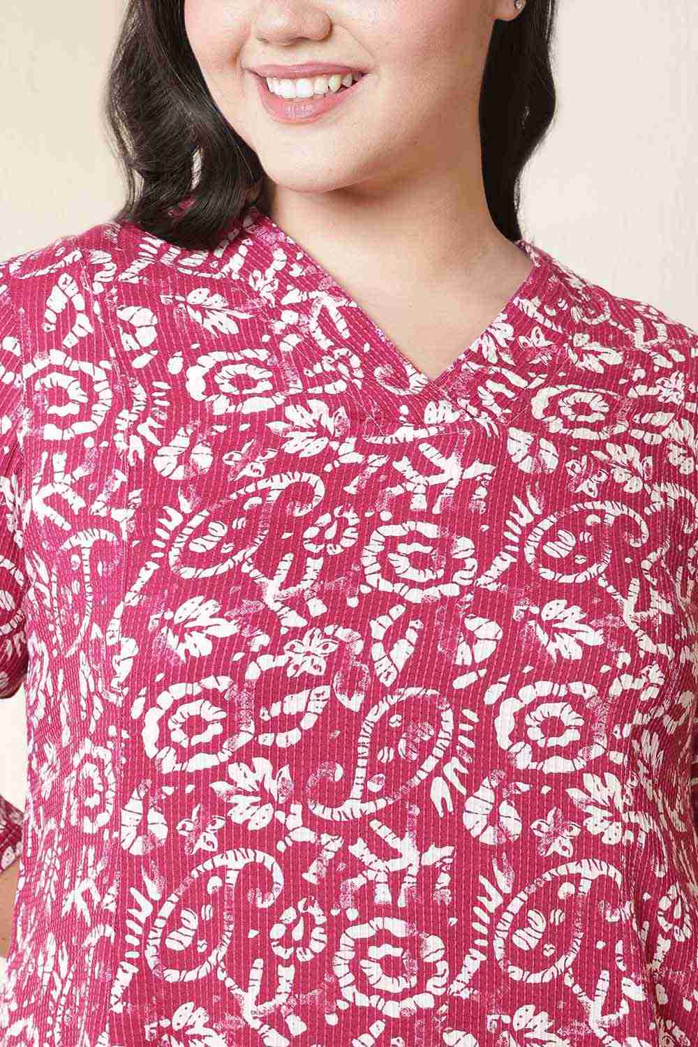 Comfortable Plus Size Pink Batik Print Cotton Midi Dress