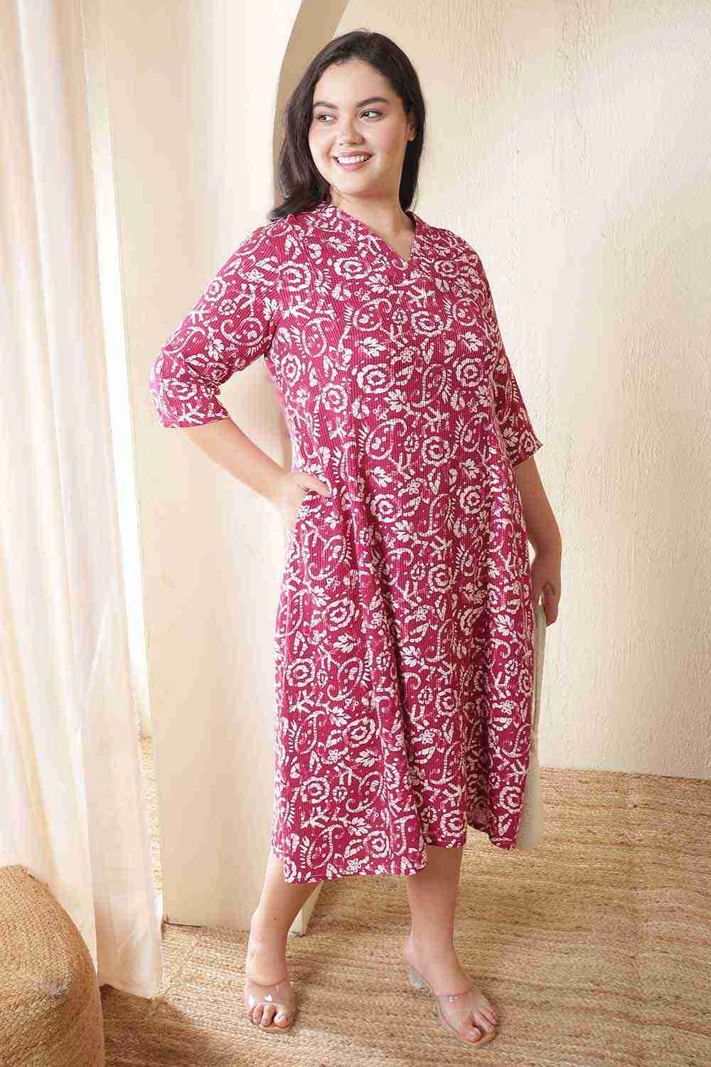 Plus Size Pink Batik Print Cotton Midi Dress