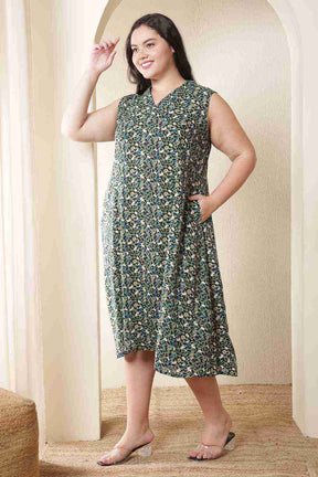 Plus Size Olive Floral Sleeveless Cotton Midi Dress