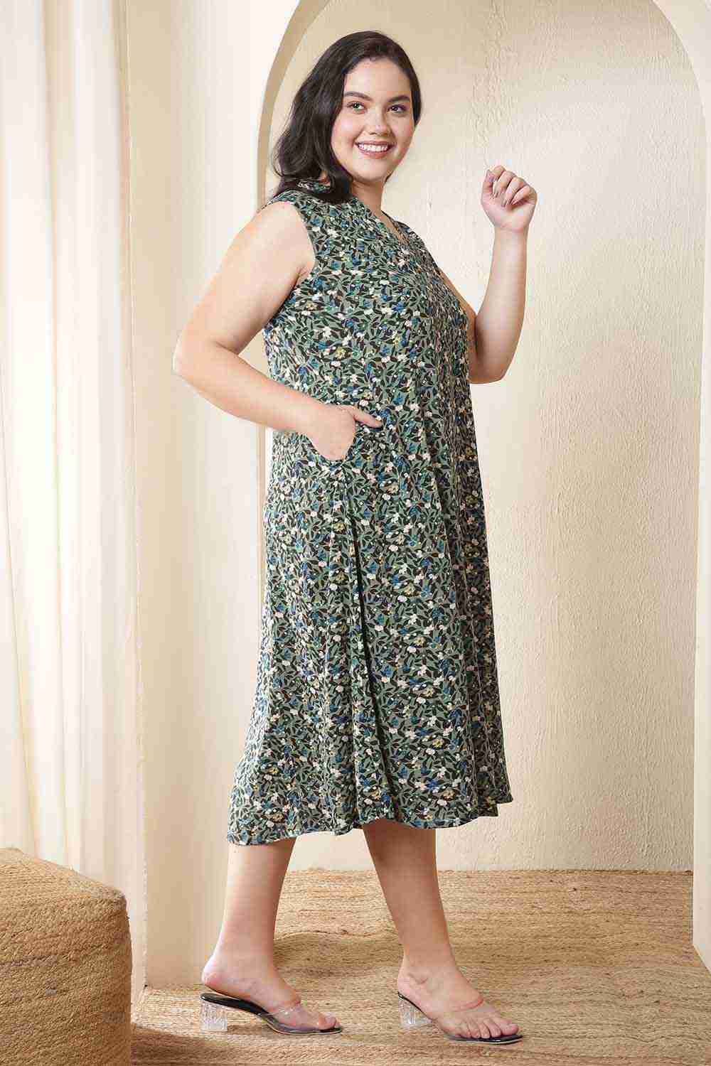 Comfortable Plus Size Olive Floral Sleeveless Cotton Midi Dress