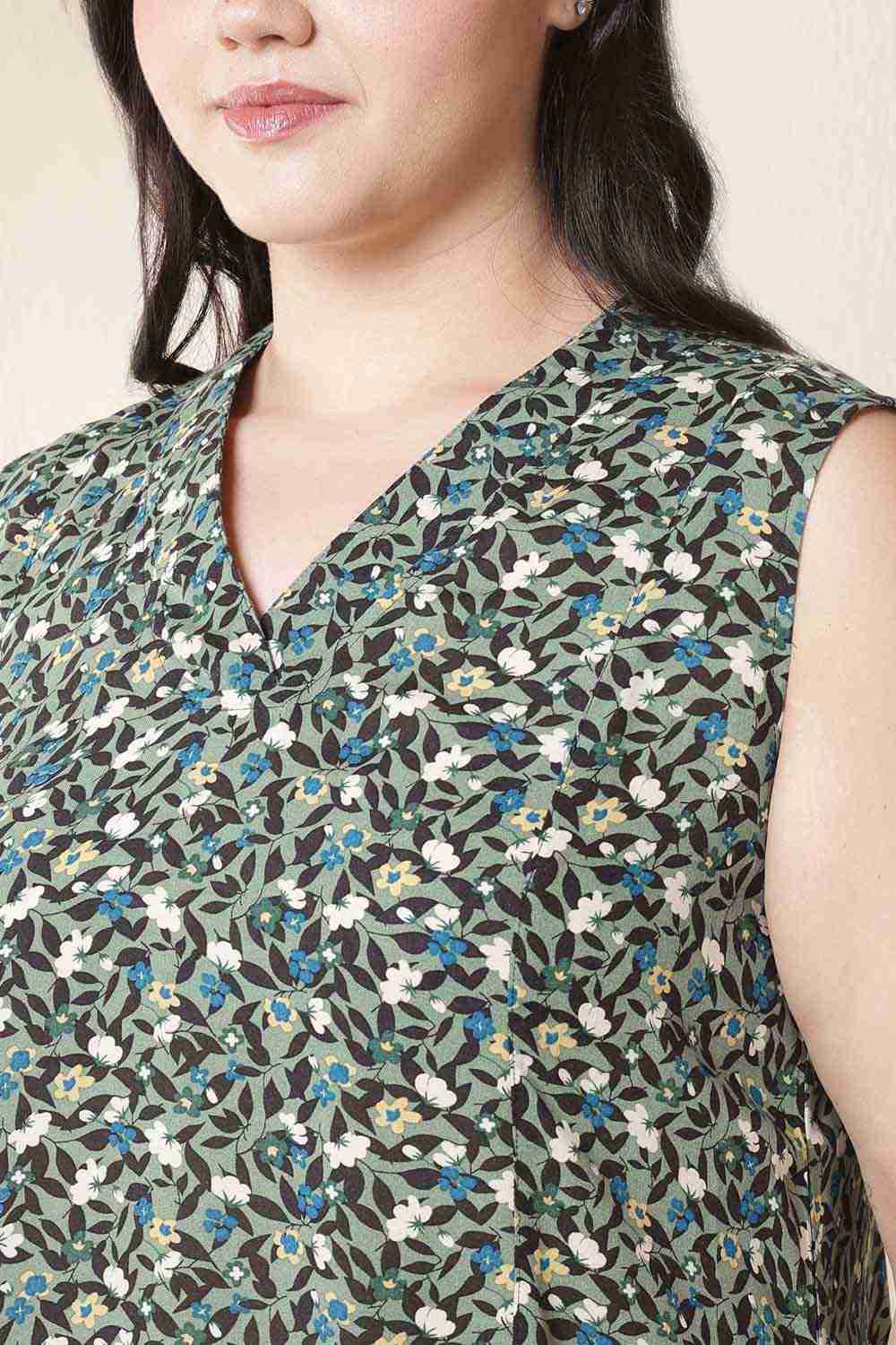 Plus Size Olive Floral Sleeveless Cotton Midi Dress