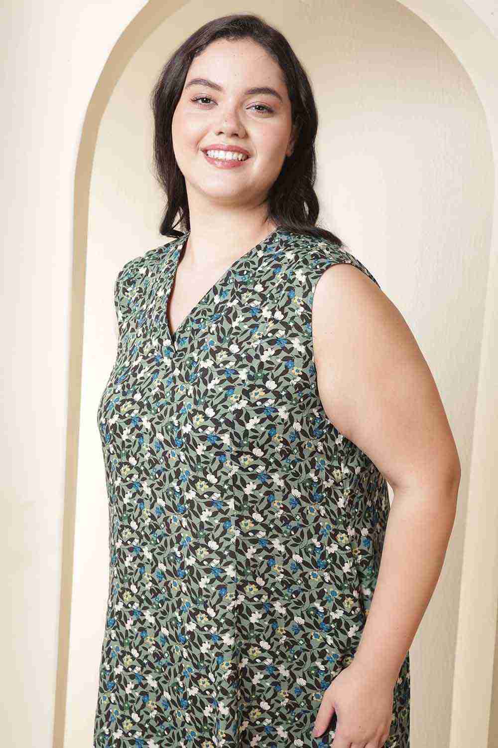 Plus Size Plus Size Olive Floral Sleeveless Cotton Midi Dress