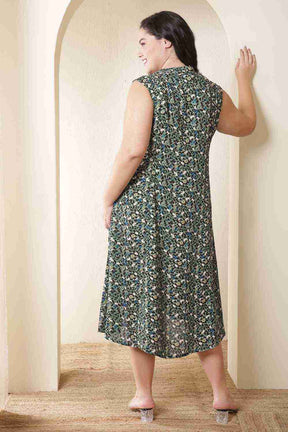 Plus Size Olive Floral Sleeveless Cotton Midi Dress