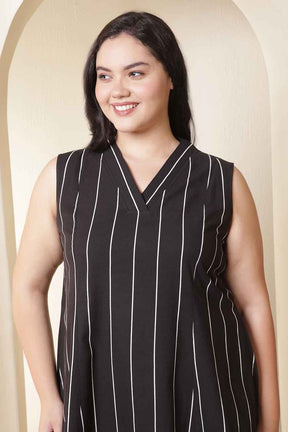 Plus Size Vertical Stripes Sleeveless Cotton Midi Dress
