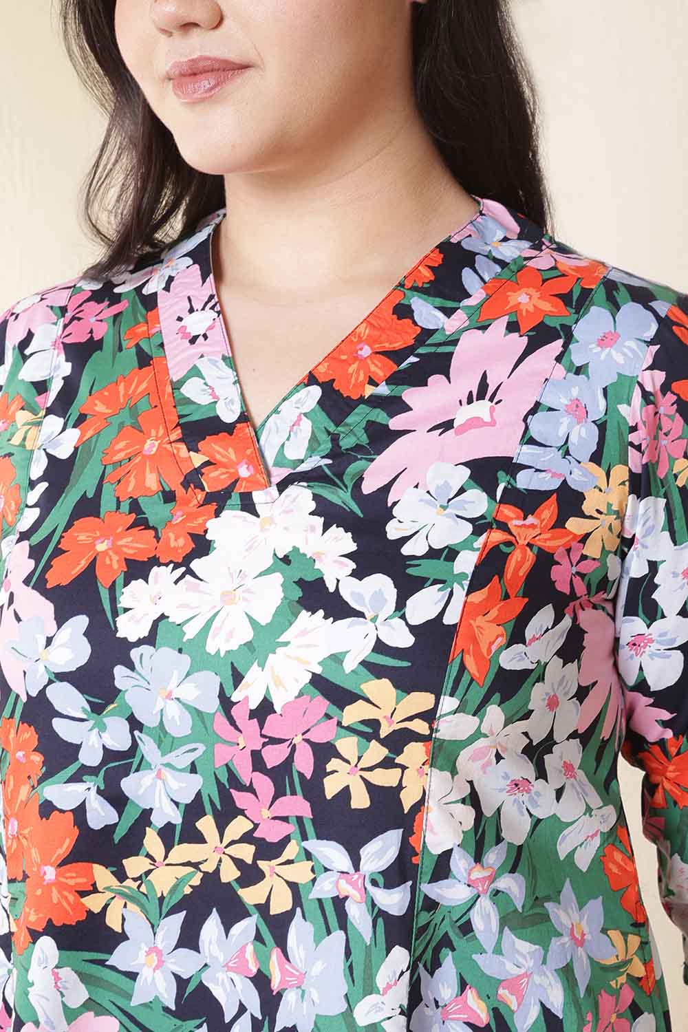Plus Size Multicolor Floral Print Cotton Midi Dress
