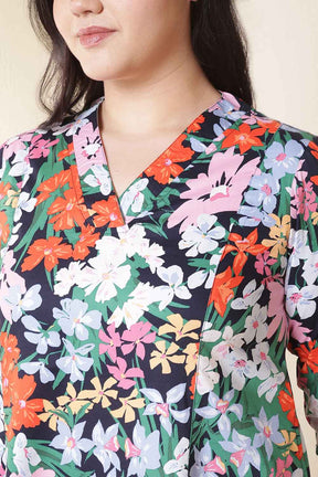 Plus Size Multicolor Floral Print Cotton Midi Dress