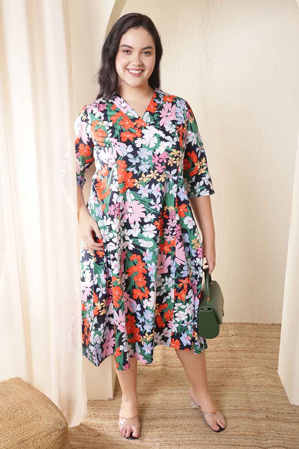 Plus Size Multicolor Floral Print Cotton Midi Dress
