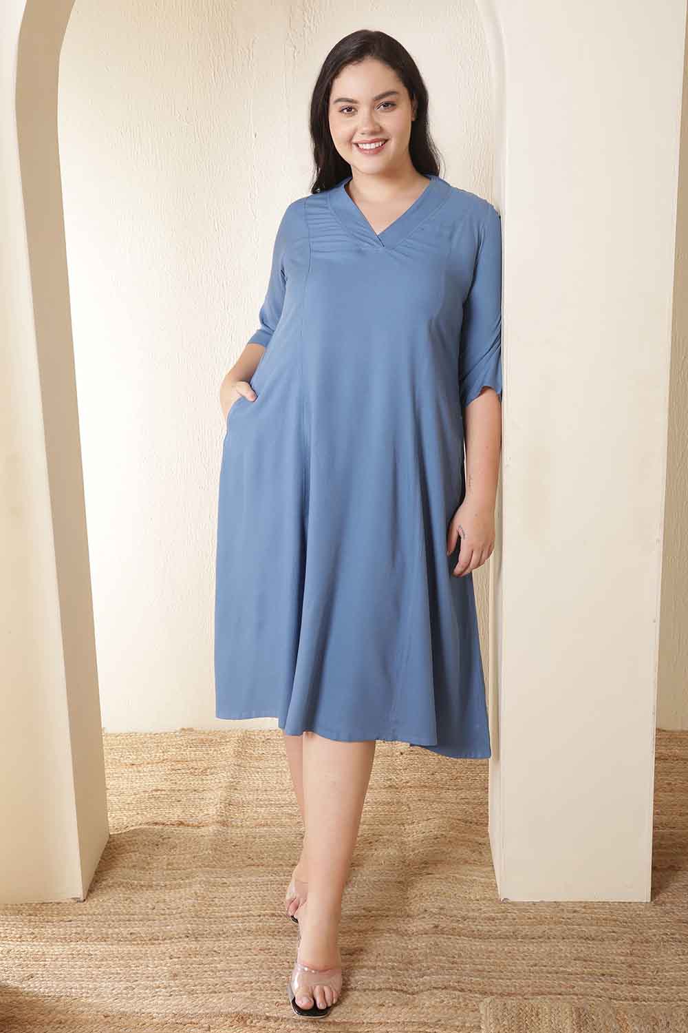 Buy Plus Size Teal Rayon Twill Midi Dress