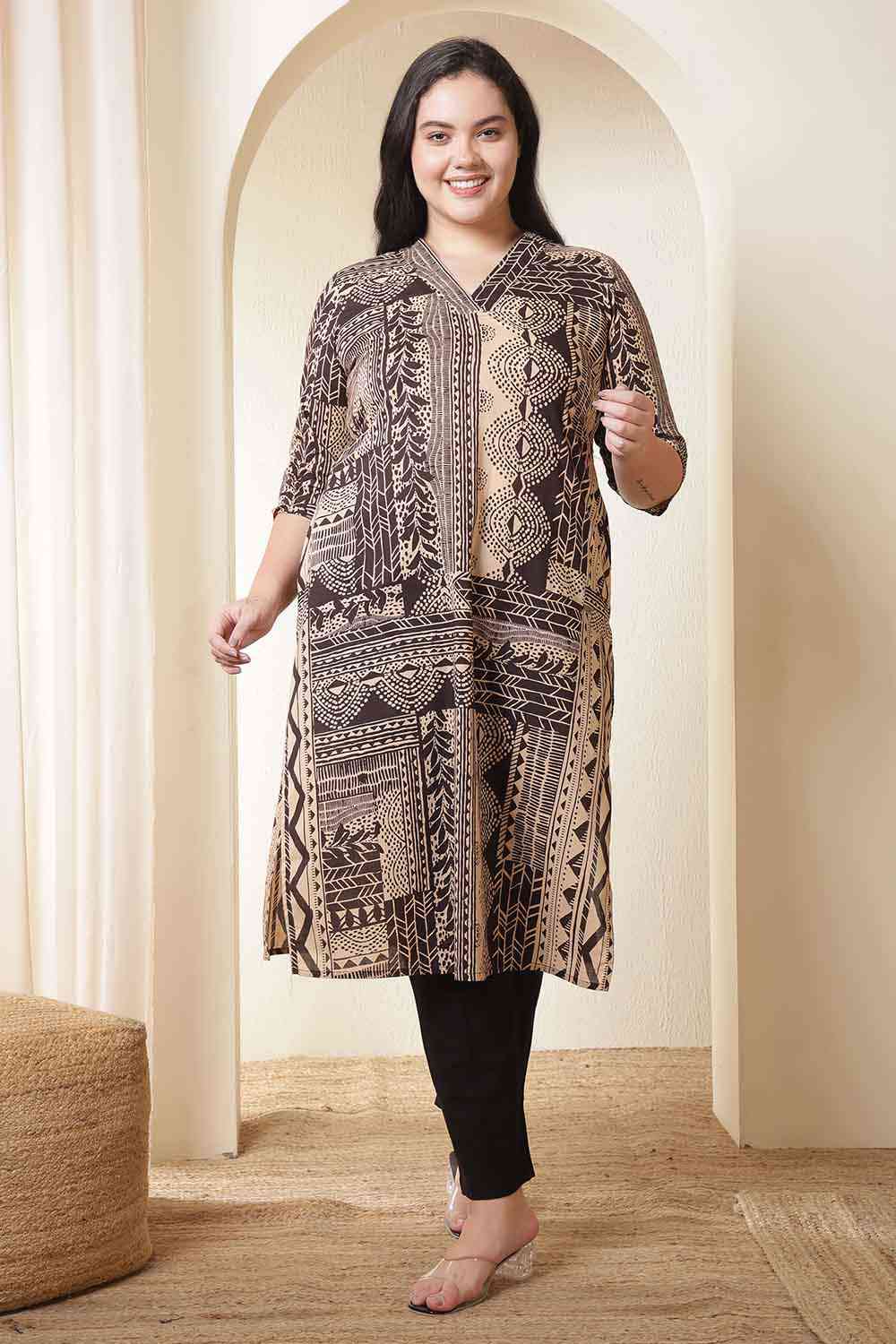 Plus Size Plus Size Brown Black Printed V Neck Cotton Kurta