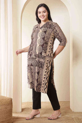 Plus Size Brown Black Printed V Neck Cotton Kurta