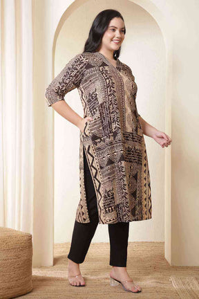 Plus Size Brown Black Printed V Neck Cotton Kurta