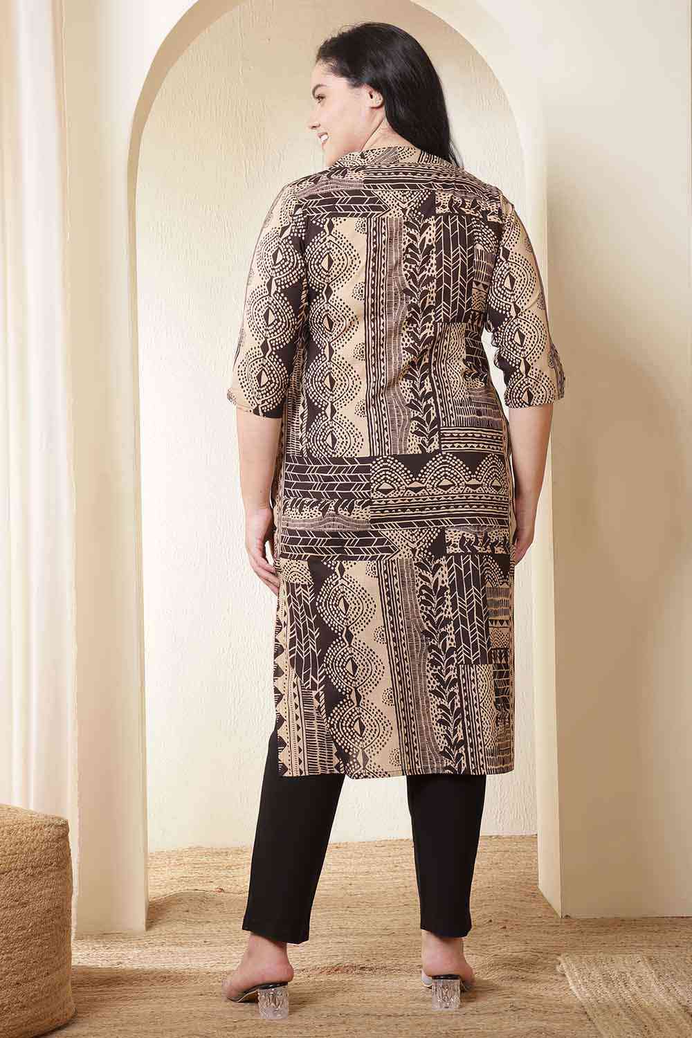 Plus Size Brown Black Printed V Neck Cotton Kurta