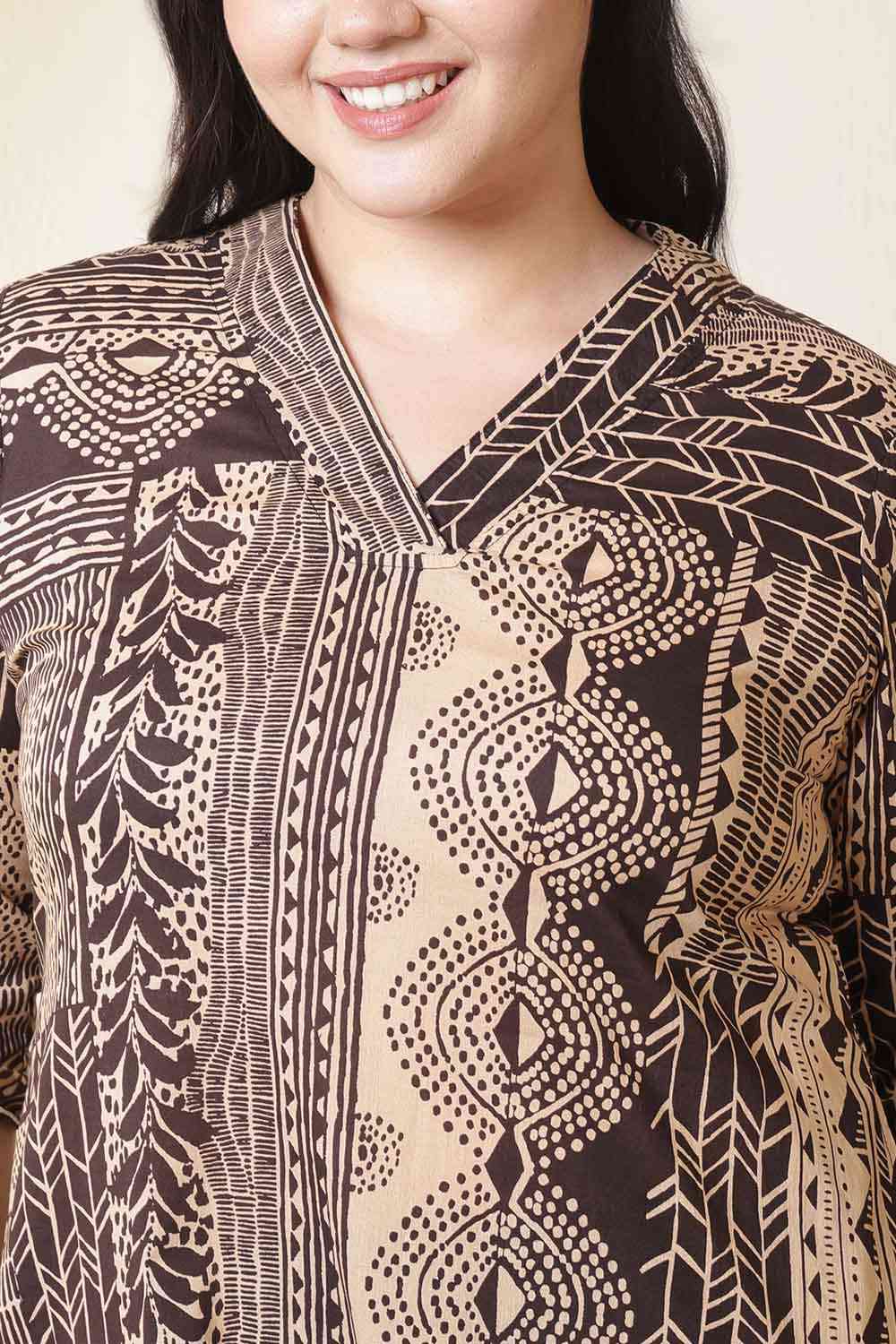 Plus Size Brown Black Printed V Neck Cotton Kurta